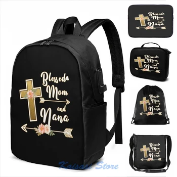 

Funny Graphic print Blessed Mom And Nana Cross Floral USB Charge Backpack men School bags Women bag Travel laptop bag