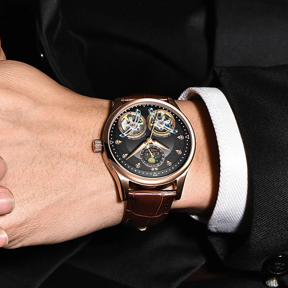 LIGE Doppel Tourbillon Uhren männer Automatische Uhr Selbst-Wind Mode Männer Mechanische Armbanduhr Leder Relogio Masculino