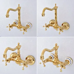 Luxury Polished Gold Color Brass Wall Mounted Bathroom Kitchen Sink Faucet Swivel Spout Mixer Tap Dual Cross Handles msf620