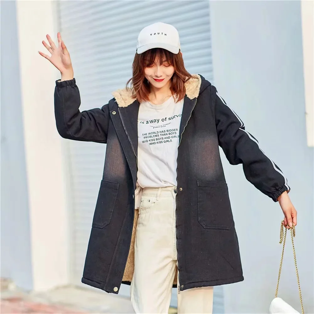 

Korean-style College Style Loose And Plus-sized Women Coat 2019 Autumn And Winter Casual Webbing Sleeve Joint plus Velvet Cowboy