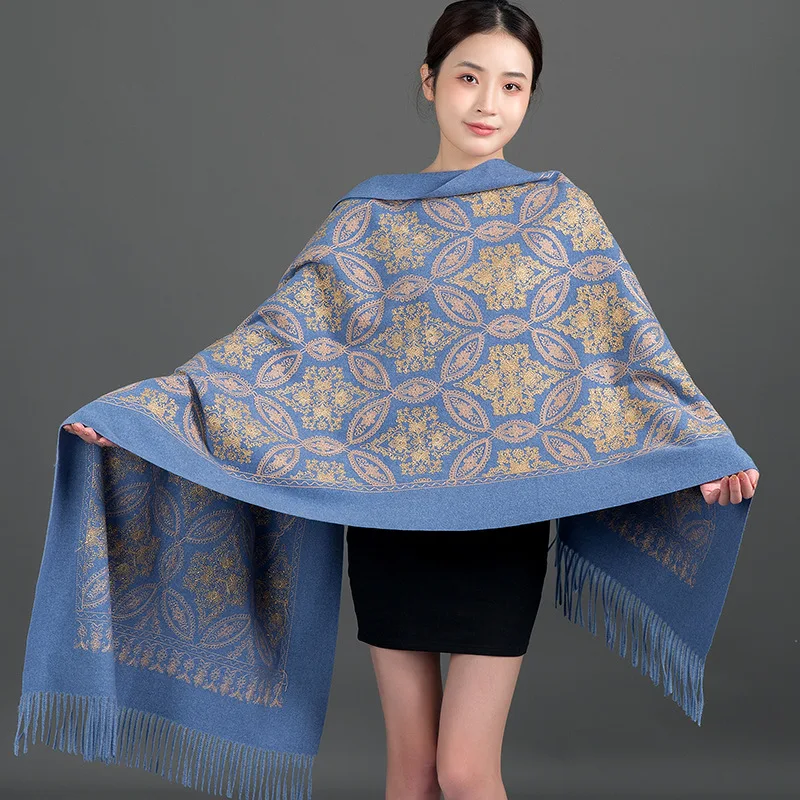 Autumn Winter New Cashmere Pashmina Scarves Female Warm Long Blanket Thick Shawls Travel All-match Gold Thread Embroider Wraps 3