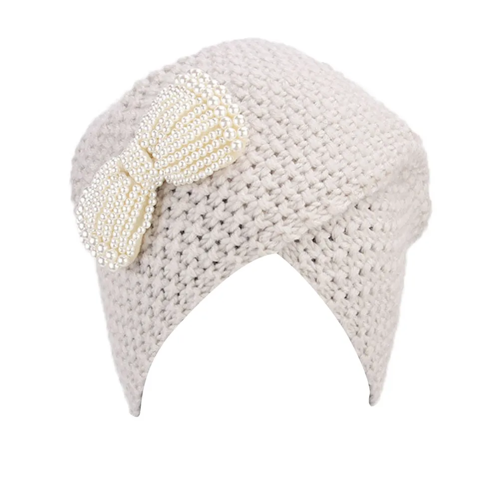 Вязаная повязка на голову с бантом, зимняя вязаная шапка для женщин с бриллиантами, однотонная повязка на голову ручной работы, зимняя теплая шапка с ворсом