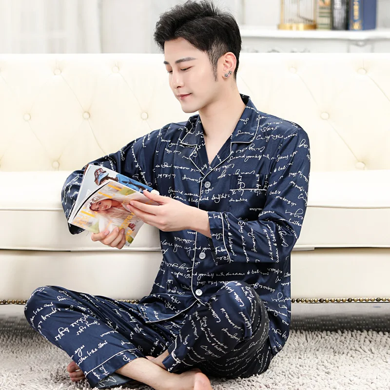 mens pjs sale Spring Mens Stain Silk Pajama Set Pajamas Men Sleepwear Modern Style Silk Nightgown Home Male Satin Soft Cozy For Sleeping mens flannel pajamas set