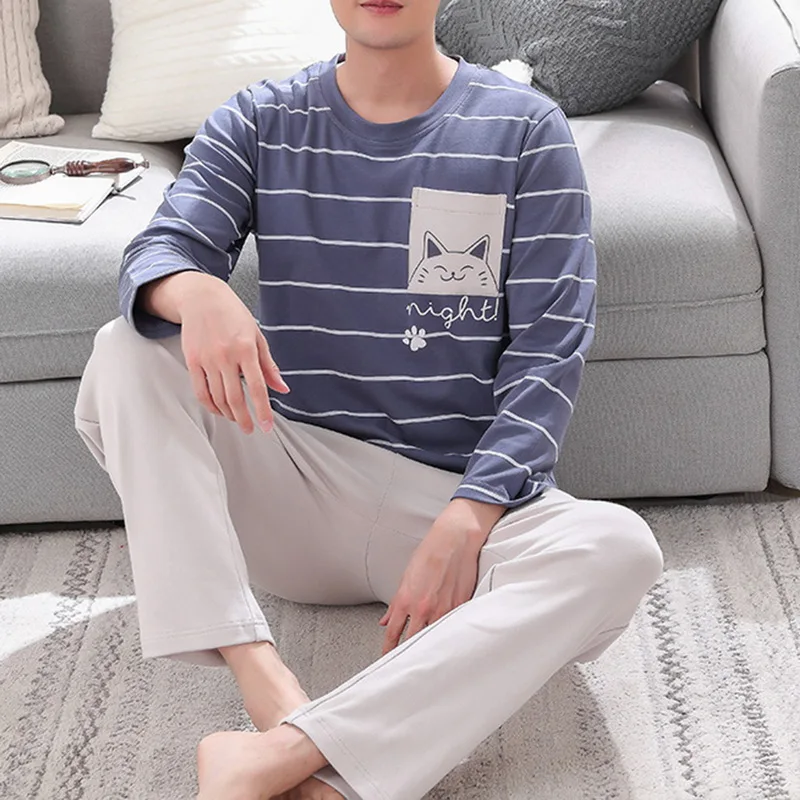 checkered pajama pants 2021 Spring Autumn Men Cotton Pajamas Long Sleeve Pajama Set Long Pants Pajamas For Men New Sleepwear Suit Homewear Plus Size cotton pajama pants Men's Sleep & Lounge