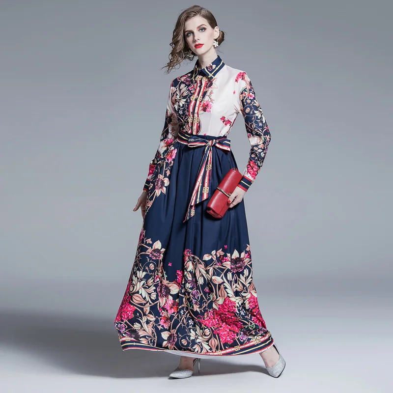 

Ozhouzhan Dress Women's 2019 Summer New Style Elegant High-End Long Sleeve Printed over-the-Knee A- line Skirt Sub-Swinging Skir