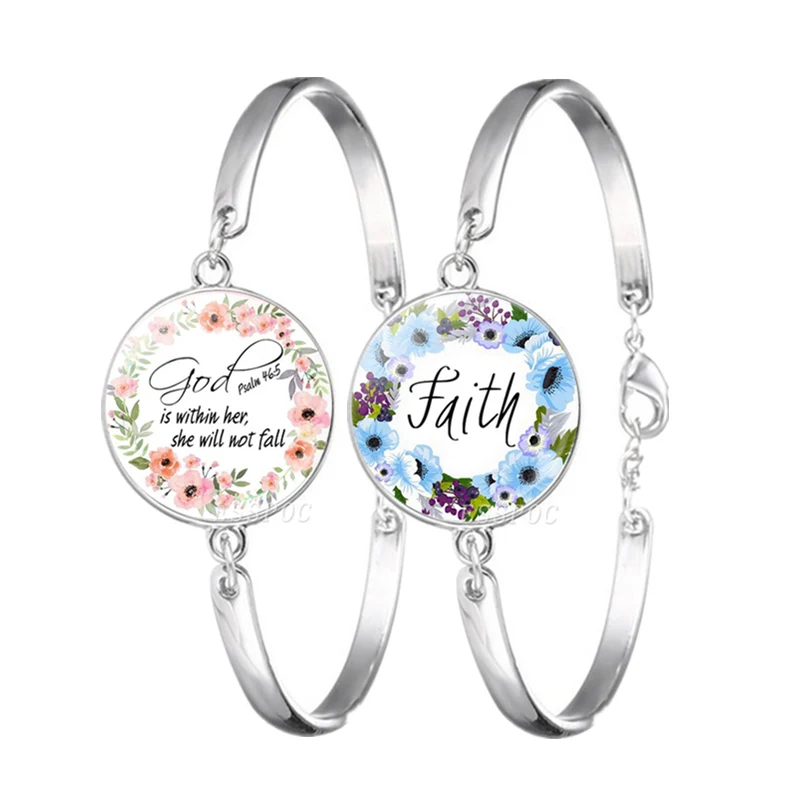 

Bible Verse Silver Bracelet God Is Within Her She Will Not Fall Faith Believe Glass Cabochon Bead Bracelet for Christian Gifts