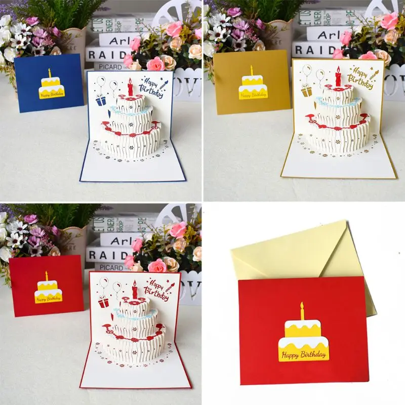 

3D Pop Up Happy Birthday Greeting Cards Cake Postcards Invitations with Envelope