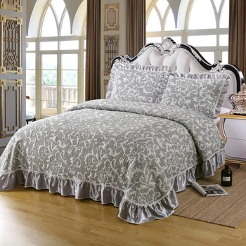 

3D Relief pattern Bed Cover Pillowcases Jacquard Bedspread Cotton silvery Ruffle Quilt European style Blanket 1.5/1.8m/2.0m Bed