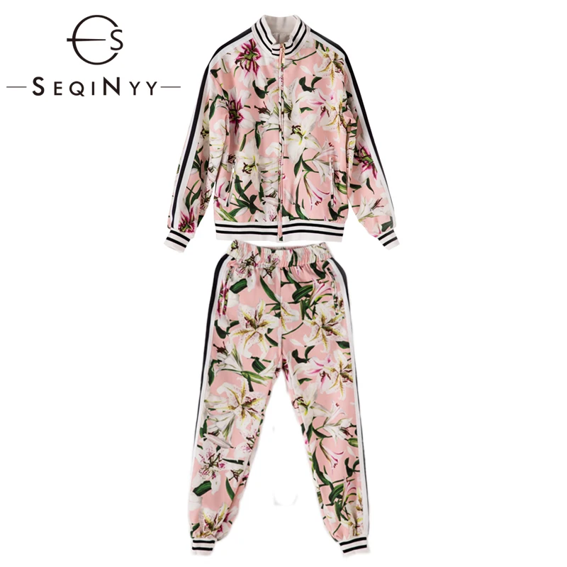 

SEQINYY Pink Set 2020 Fall Fashion Design Women Jacket + Elastic Waist Midi Pants Romantic Lily Flowers Printed Suit