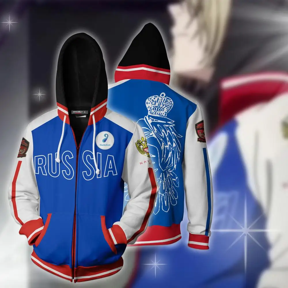 Cena Anime YURI!!! Na lodzie Yuri Plisetsky bluza z kapturem kurtka Cosplay kostium mężczyźni kobiety moda 3D drukowanie na zamek błyskawiczny bluzy z kapturem TOP
