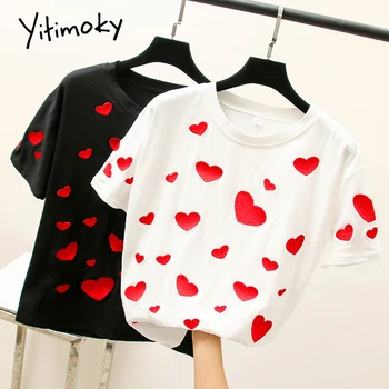 

Chic red heart embroidery t shirts for women 2020 Summer short sleeve shirts Cotton white black korean tops tee Solid harajuku
