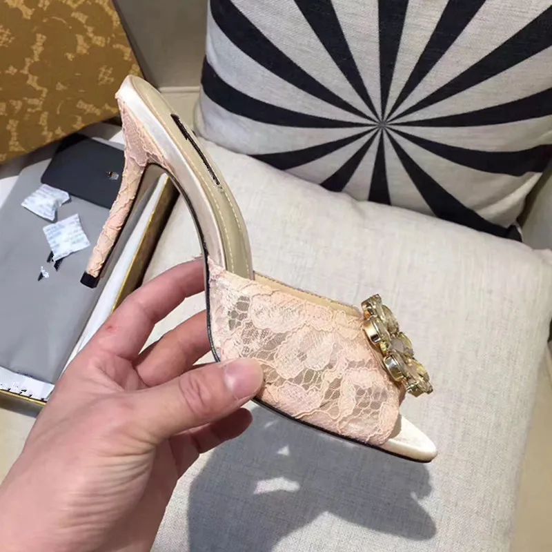 

High Thin Heel Woman Stiletto Sexy Lace Bling Crystal Embellished Women Shoes Peep Toe Woman Slipper Brand Hot