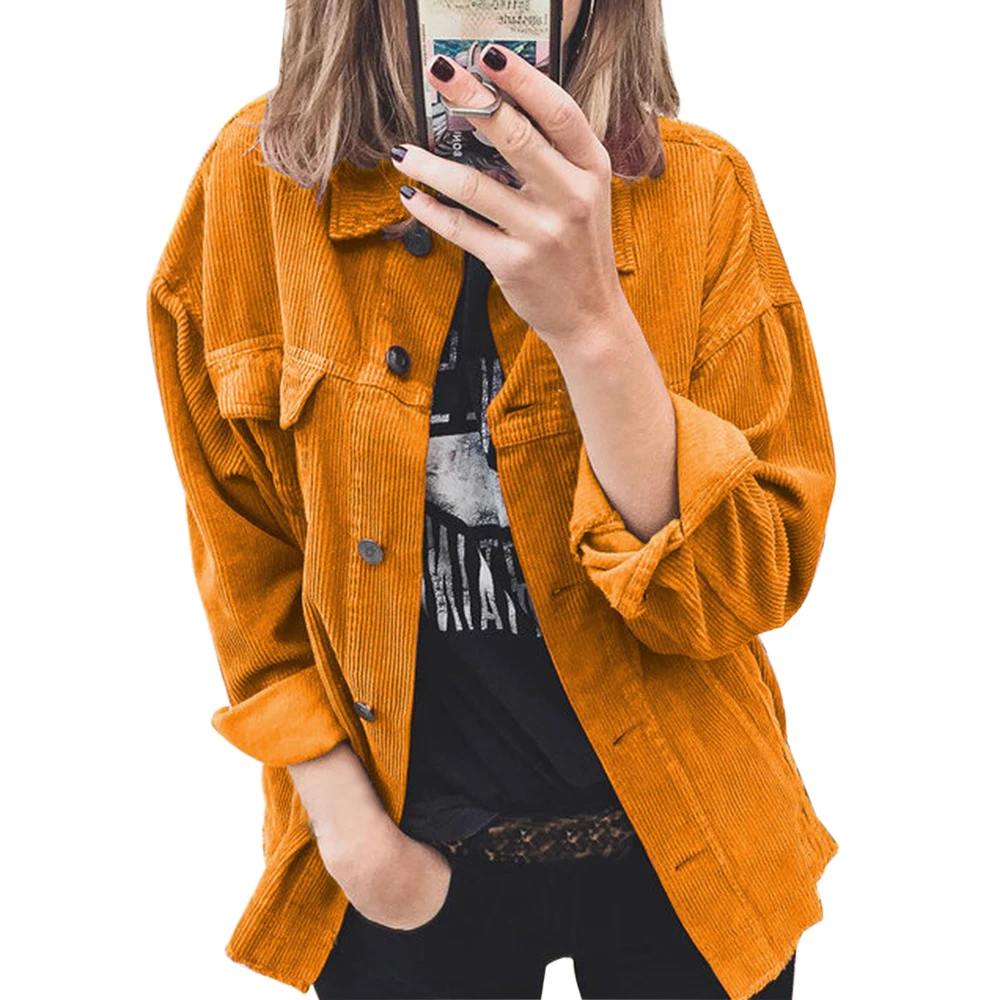 Yellow Модная Вельветовая куртка женская однотонная женская одежда с длинным рукавом Уличная мода повседневная винтажная верхняя одежда осеннее пальто с пуговицами - Цвет: Yellow