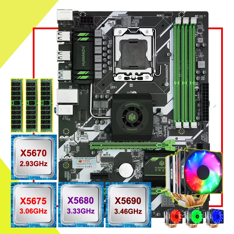 Best Price HUANANZHI X58 deluxe motherboard bundle custom made CPU Xeon X5670/X5675/X5680/X5690 with 6 heatpipes cooler RAM 48G(3*16G) RECC