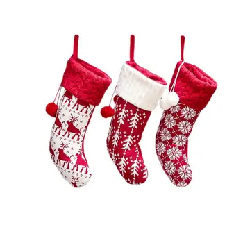 

3 Pcs Christmas Stocking Knitting Durable Elk Tree Snowflake Candy Bags Xmas Decoration Hanging Stockings