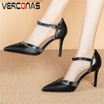 

VERCONAS Women Shallow Sequins Thin Heels Genuine Leather Office Pumps Pointed Toe Sandals Thick Heels Summer Shoes Woman