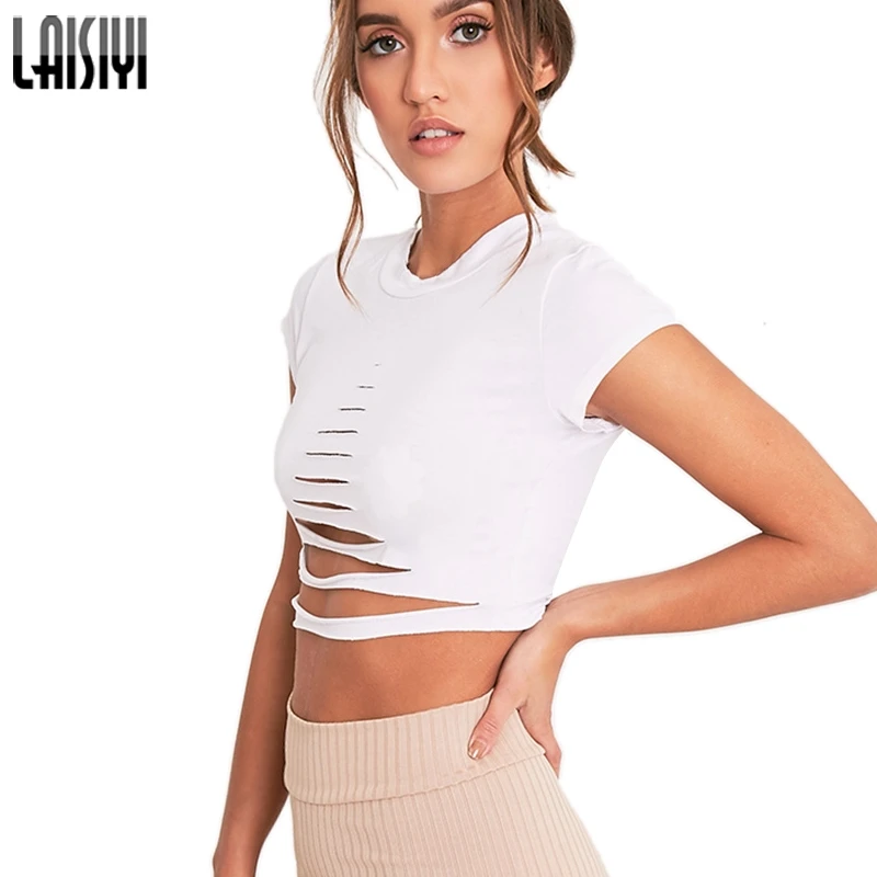 

LAISIYI Black Casual Women Hollow Out Short Sleeve T-Shirt 2020 Summer Sexy Holes Crop Tops Tee Shirt Streetwear Crop Tops Femme