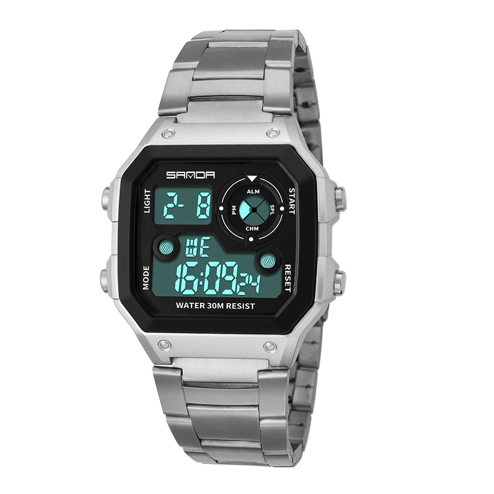 

SANDA Square Men Sport Watch Digital Electronic Outdoor Diving Swimming 50M Waterproof Watch LED Alarm Clock Stainless Steel