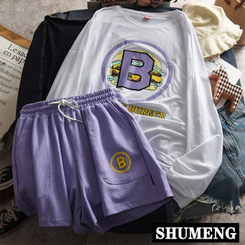 

Korean Summer Women 2 Piece Set 2020 New Alphabet Print Long-Sleeve Sunscreen Shirt Loose Shorts Femme Student Casual Sport Suit