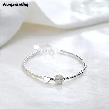 

Fengxiaoling Korean Fashion 925 Sterling Silver Small Heart Charm Bracelets 6mm Moonstone Statement Silver Bracelet Fine Jewelry