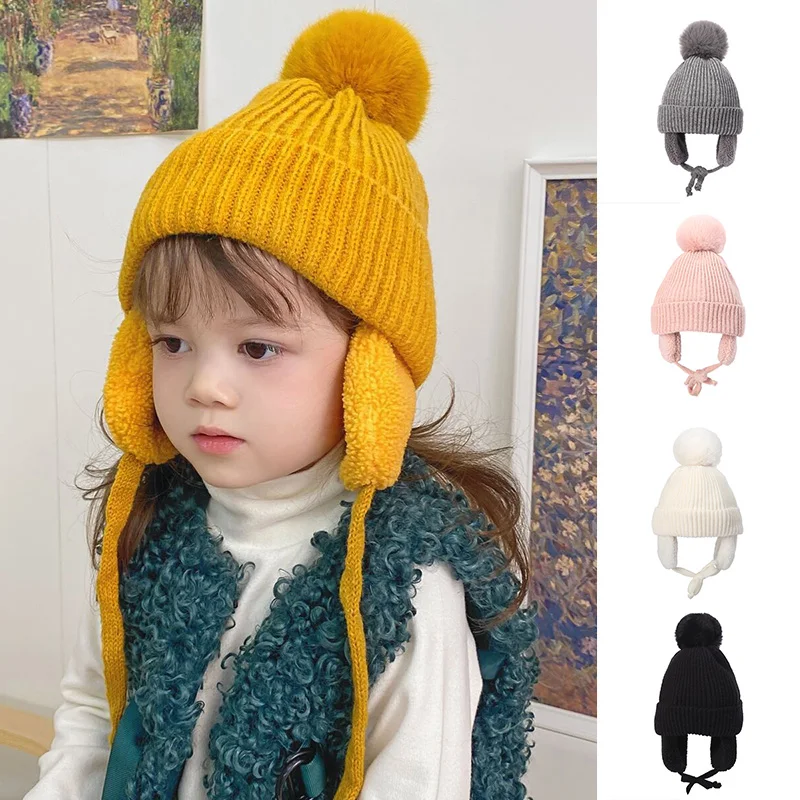 

Winter Kids Hat with Plush Ear Flap Knitting Thick Beanie Cap Rib Cuff Pom Lined Warm Hat Gift for Christmas New Year's SEC88