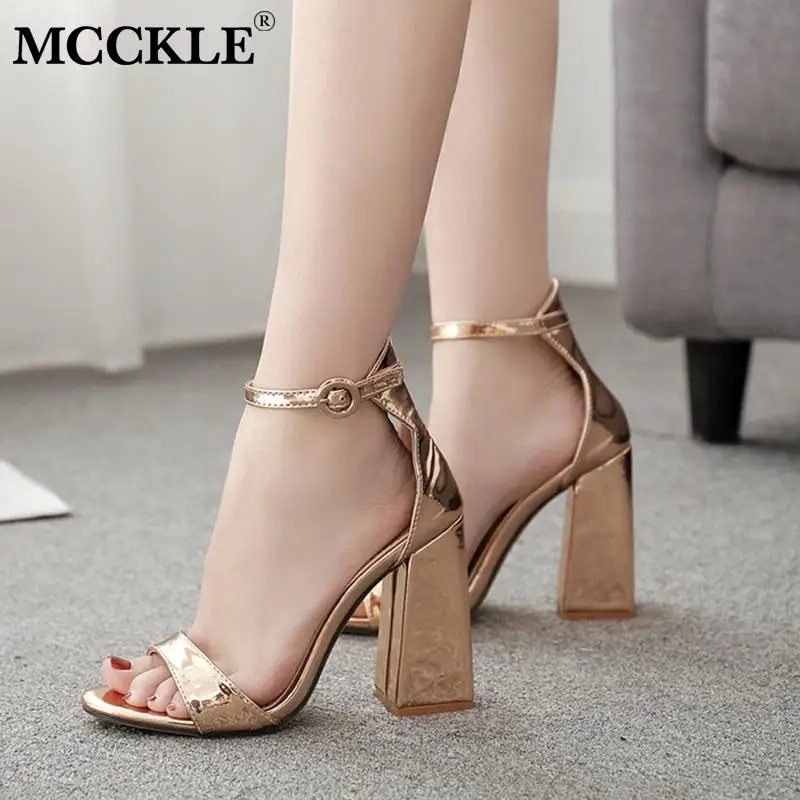 

MCCKLE Summer Women Ankle Strap Sandals Gold Buckle Strap Hoof Heels Shoes Women's Open Toe High Heels Fashion Ladies Sandals