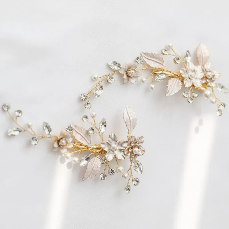 

Floralbride Handmade Wired Golden Crystal Rhinestones Pearls Flower Bridal Hair Clip Barrettes Wedding Headpieces Women Jewelry