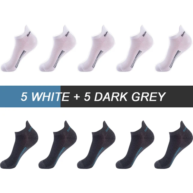 10Pairs High Quality Men Ankle Socks Breathable Cotton Sports Socks Mesh Casual Athletic Summer Thin Cut Short Sokken Size 38-44 5 White 5 Dark grey