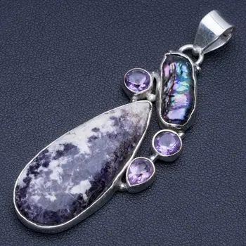 

Natural Charoite,Biwa Pearl and Amethyst Punk Style 925 Sterling Silver Pendant 2 1/2" Q1180