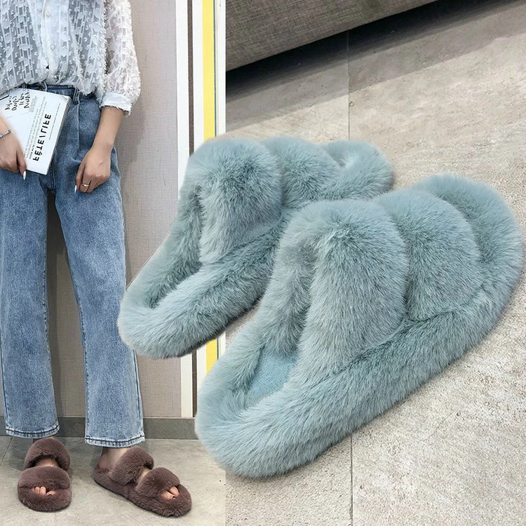 2020 Fluffy Zapatillas de casa Mujer, zapatillas de piel sintética acogedor chanclas con pelo de Punta abierta de deslizamiento suave zapatillas casa piso de zapatos