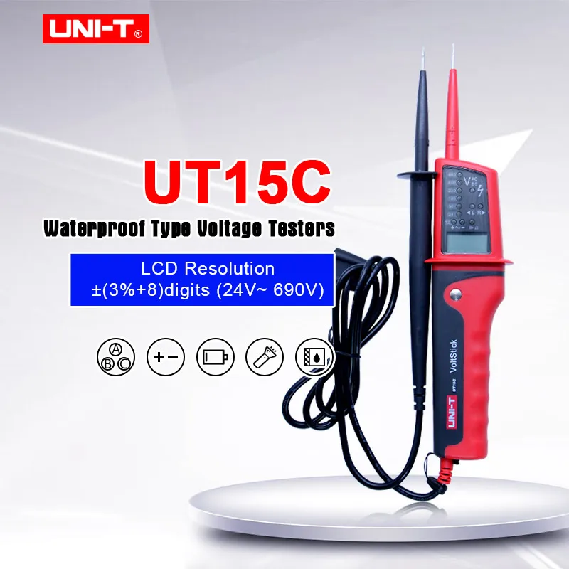 

UNI-T UT15C Waterproof Digital Voltage Meter 24V~690V AC/DC Voltage Testers LCD Display Auto Range Phase Rotation