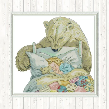 

Bear and Little Girl Cross Stitch Package DIY Crafts Needlework Embroidery Patterns Embroidery Kits 14ct 11ct Count Print Canvas