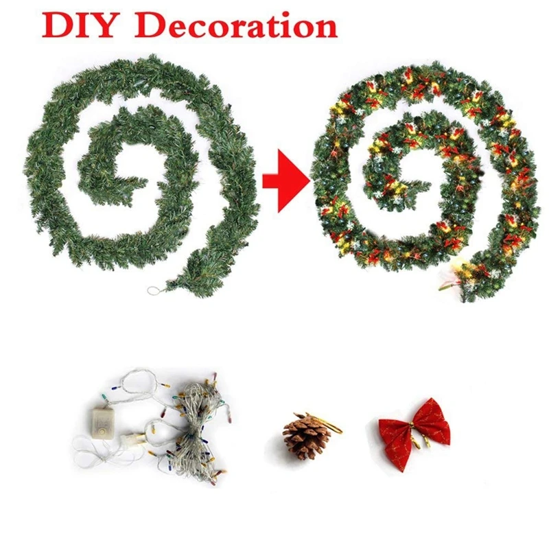 

Hot Sale 9ft/270cm Plain Green Christmas Garland with Warm White Led Light Artificial Wreath Fireplace Xmas Tree Decoration