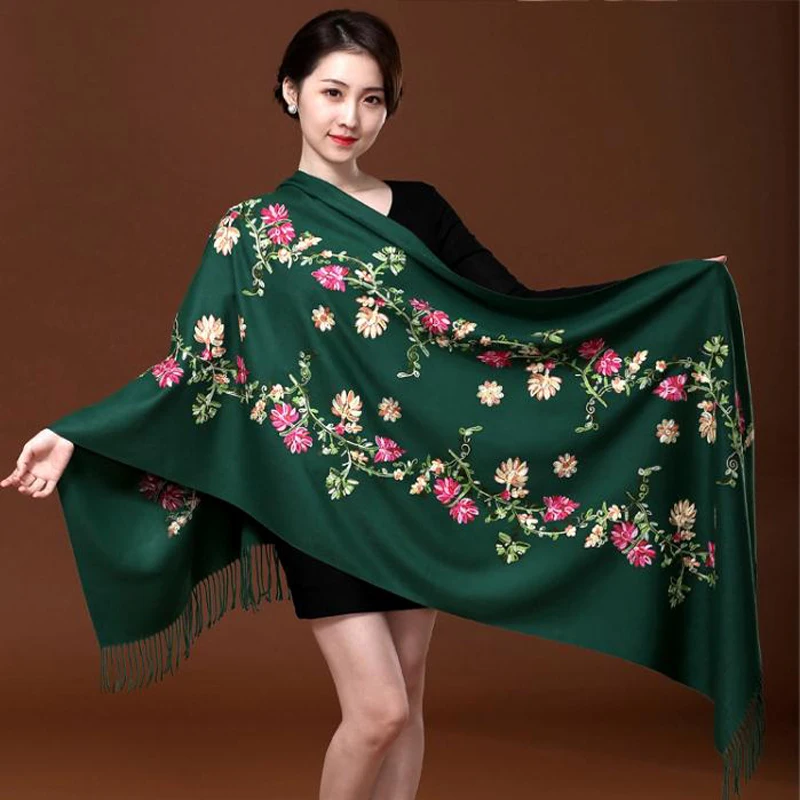 New-Green-Embroider-Flower-Pashmina-Cashmere-Scarf-For-Women-Winter ...