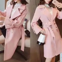 Женские куртки, элегантные шерстяные пальто с карманами и галстуком-бабочкой на поясе, модная уличная одежда, однотонное приталенное Женское пальто с большим воротником