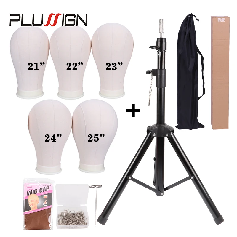 Bloco de Lona Tampão para Fazer Plussign Peruca Ajustável Tripé Display Cabeça 21-25 Polegada 50 Pçs Tpins 2 Estocagem Perucas