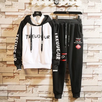 

Spring Autumn Brand Two Piece Sets Hip Hop Mens Tracksuit Letter Printed Hooded 2PC Jacket + Pants Sporting Suit Male