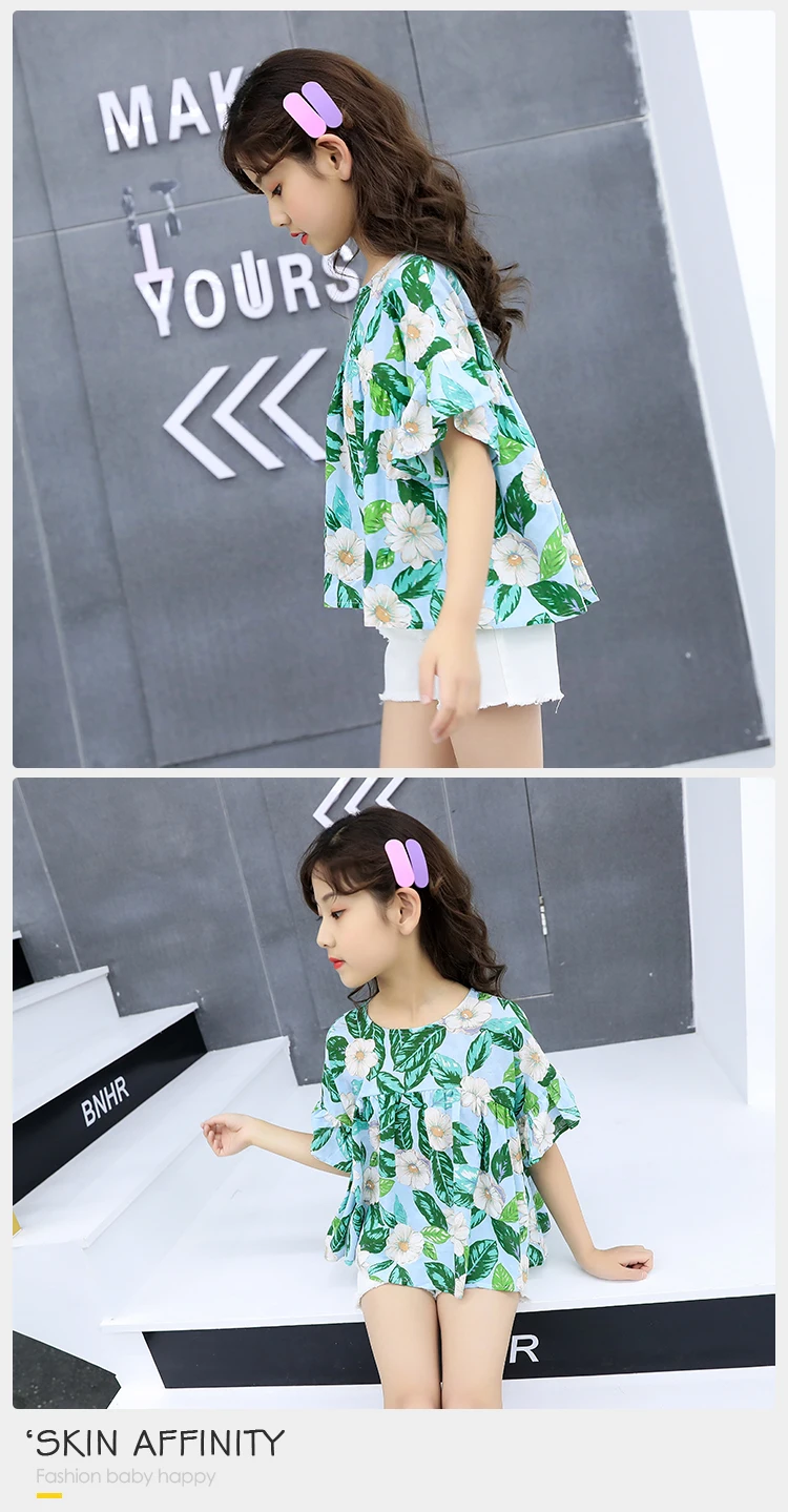 2 Piece Holiday Summer Outfit Kids Girls Green Floral And White Shorts Set 2Pcs Ruffled Outfits Tops Sweet Girl Clothing Set