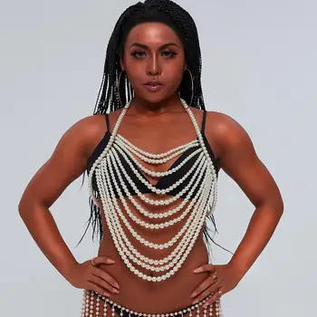 

Simple Sexy Gold Color Crossover Belly Waist Chain Trendy Imitation pearls Beads Bikini Beach Harness Body Chains Women Jewelry