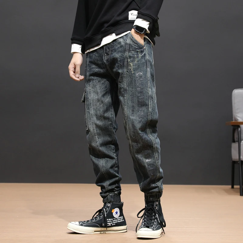 Модные уличные мужские джинсы в стиле ретро с эффектом потертости, свободные приталенные дизайнерские штаны-шаровары с большим карманом, брюки карго в стиле хип-хоп, мужские джоггеры
