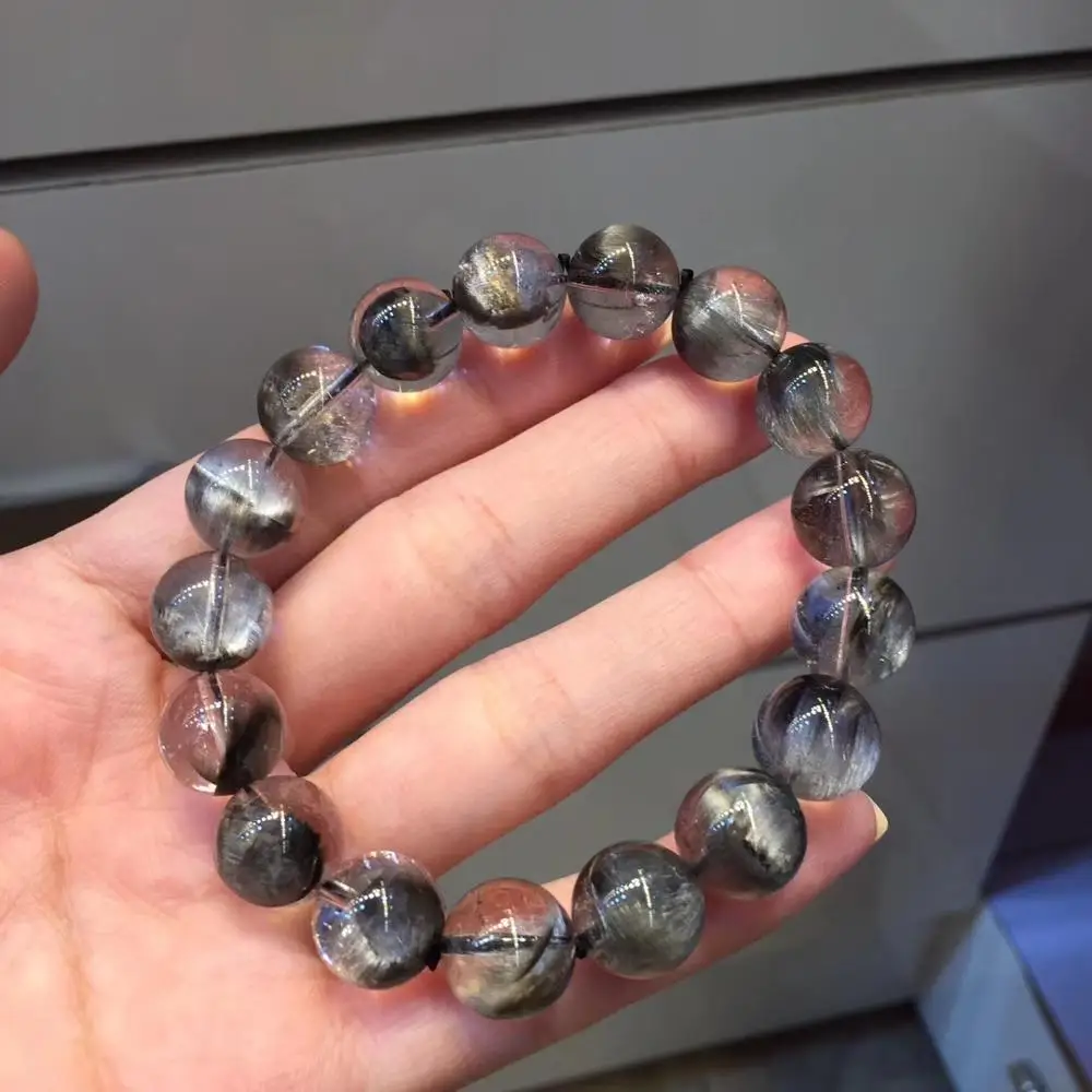 

12mm Natural Brookite Platinum Silver Rutilated Quartz Bracelet For Woman Men Clear Round Beads Wealthy Crystal Stretch AAAAA