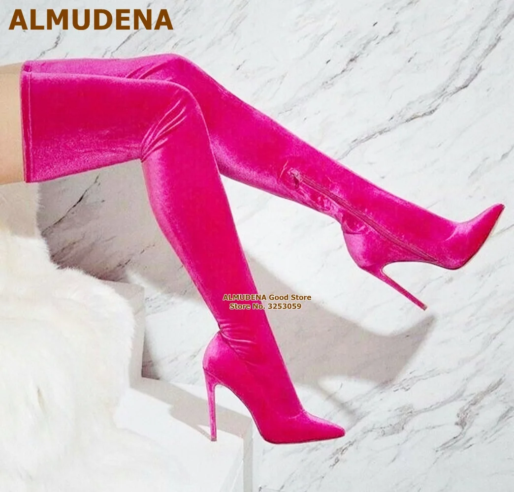 

ALMUDENA Luxury Pink Royal Blue Velvet Thigh High Boots Thin High Heels Pointed Toe Over-the-knee Dress Shoes Zipped Tall Boots