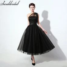 

Elegant Tea Length Black Homecoming Dress One Shoulder Tulle Party Grade 8 Graduation Prom Gown Sash Women Formal Vestidos SD337