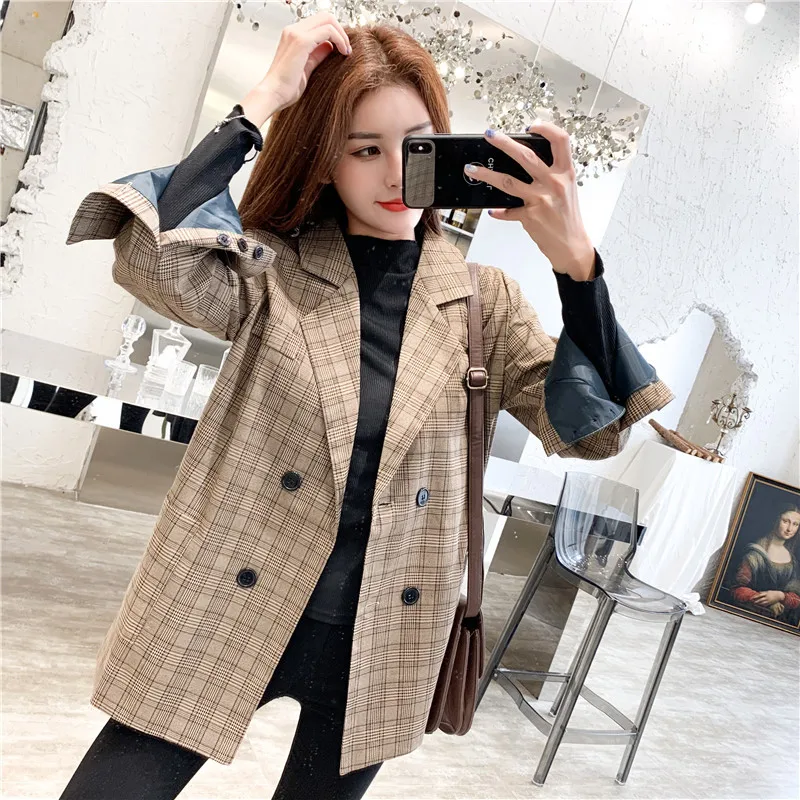 

2019 New Style Online Celebrity Pattern Suit Korean-style Students Retro Plaid Small Suit Coat Women's