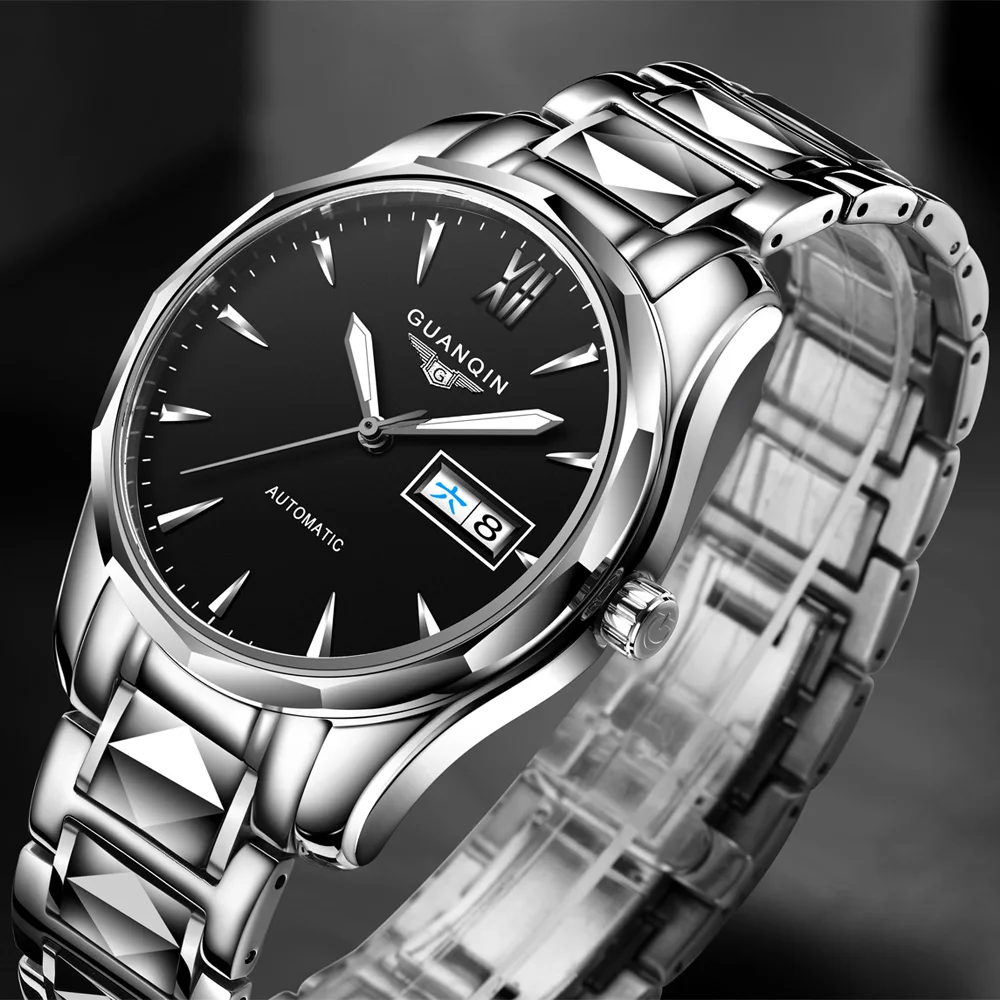 

GUANQIN Automatic Mechanical Men Watch Tungsten Steel Luminous Watches Date Calendar Japanese Movement Watch with Leather Strap