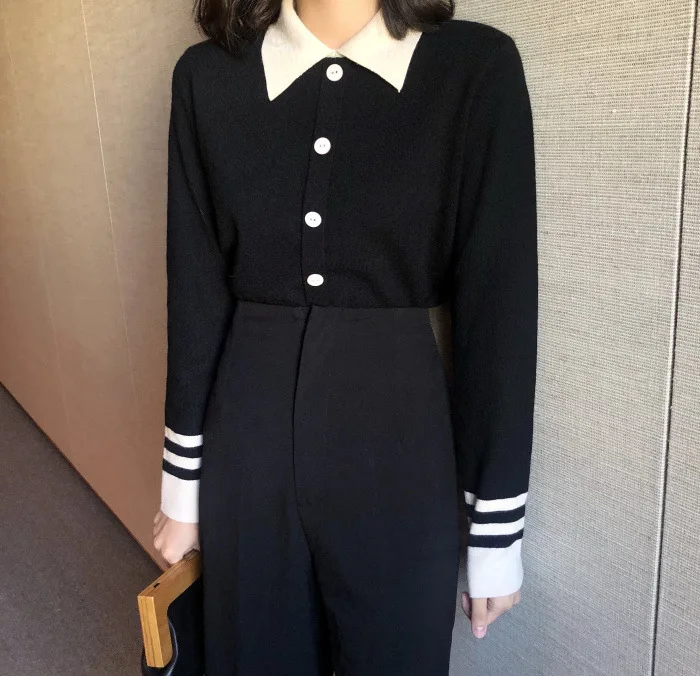 Autumn/winter Sweaters Stripe Long Sleeve Knit Cardigan Casual White Black Khaki Slim Sweater Women's Sweater Bottom Top Female