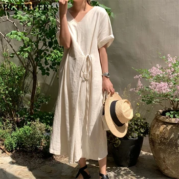 

BGTEEVER 2020 Summer Chic Short Sleeve Women Dress Oversized Lace-up Female Long Dress Casual Solid Loose Vestidos femme