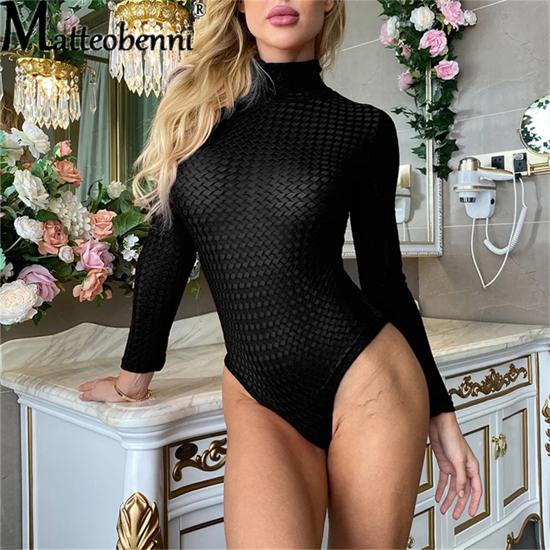 2021 Spring Sexy Turtleneck Bodycon Women Red Black Long Sleeve Clothing Solid Color Fashion Elegant Office Lady Skinny Bodysuit