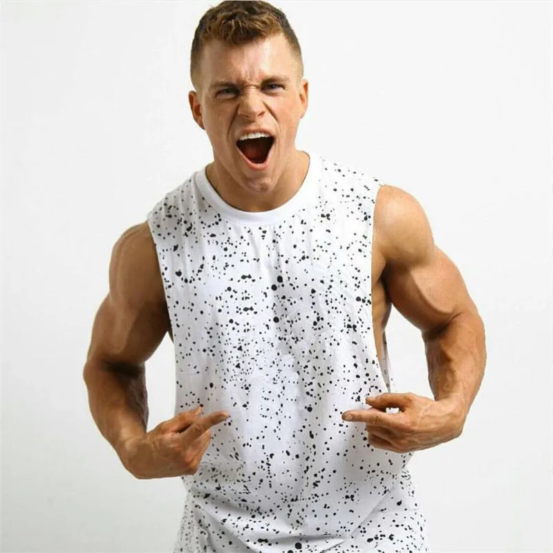 

European and American Ins Summer Men's open slit cotton Sport vest fashionable polka dot print running fitness Round neck Sleeve