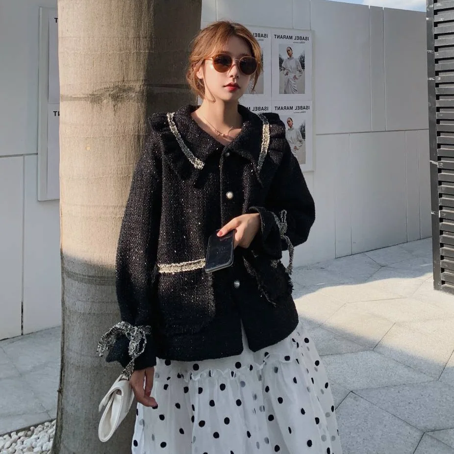 

Photo Shoot Main Push INS Graceful Sweet Wine Frilled Fold-down Collar Contrast Color Webbing Single Breasted Cropped Jacket Wom